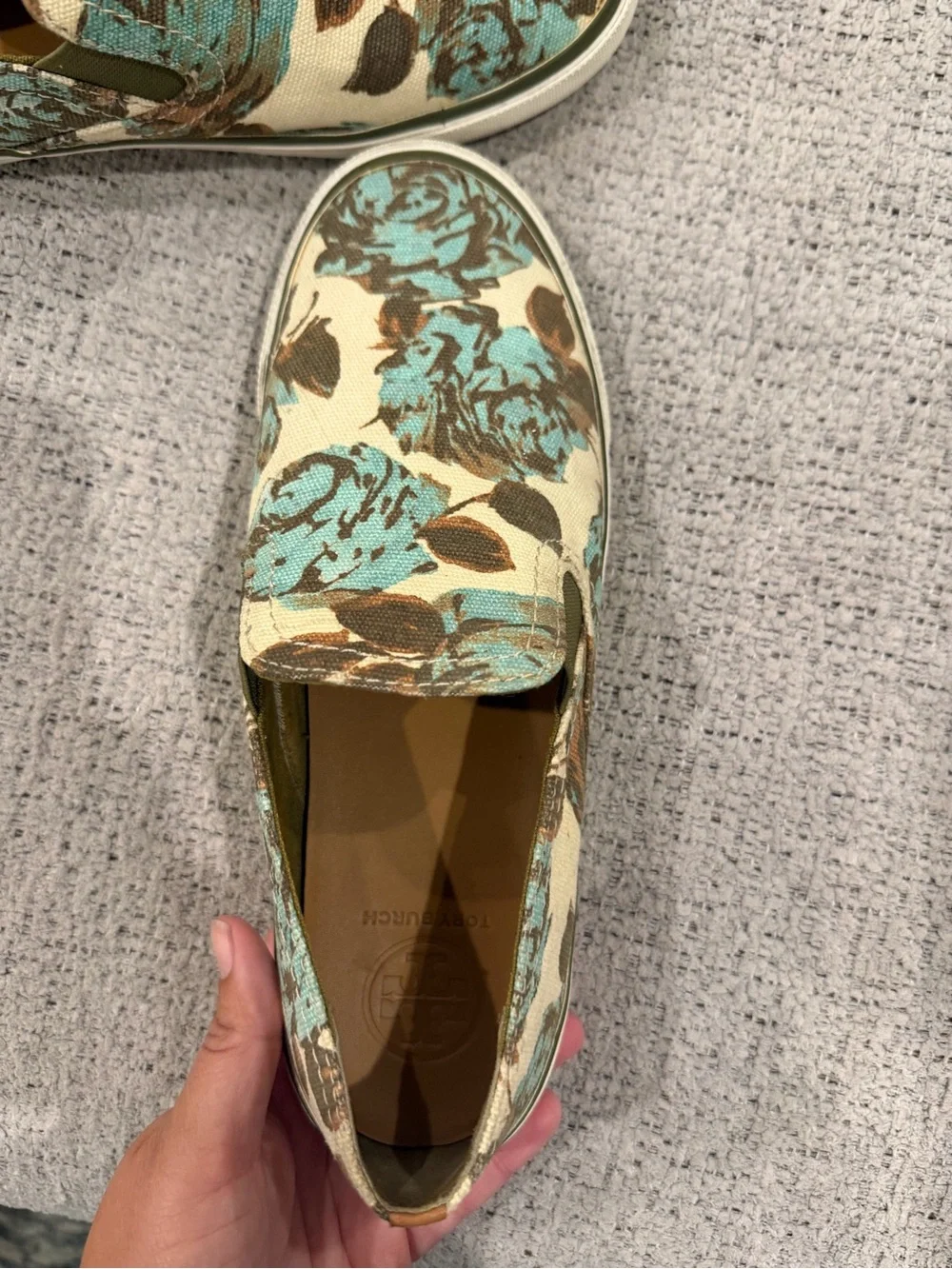 Tory Burch Floral Canvas Slip-On Flats in Teal and Brown